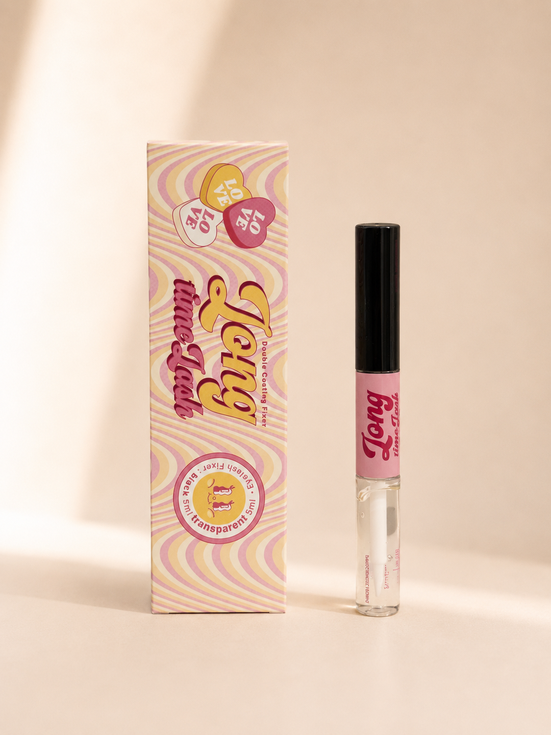 Angelic Long Time Look Double Coating Fixer — black plus clear duo lash extension sealer for 2x retention, oil-free Korean formula in retro pink box