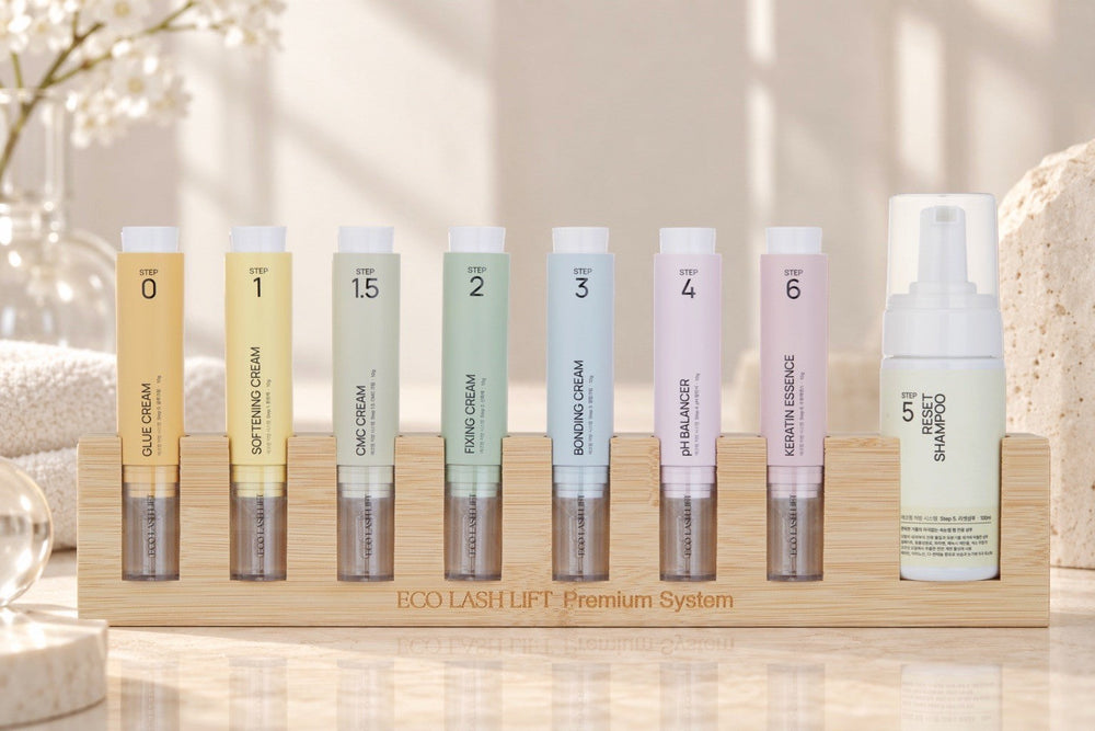 The eight ECO Lash Lift steps on the bamboo display stand, which is sold separately